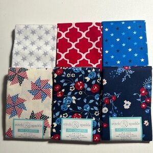 🛒 $9 Cotton Fabric - 6 Fourth of July, red, white, blue Fat Quarters Quilt #18